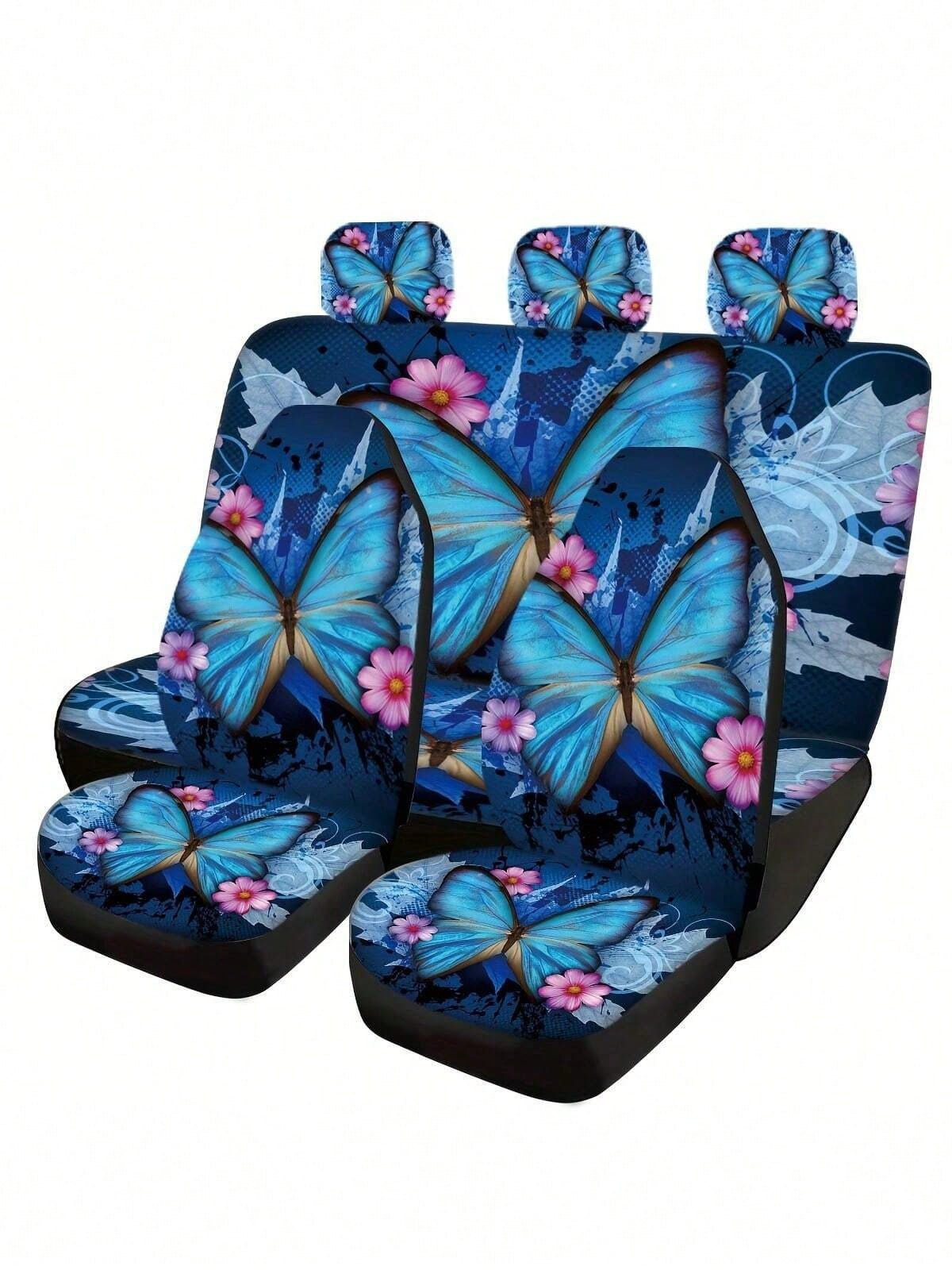 5pcs Car Seat Covers, Blue Butterfly Print, Car Interior Decor, Cushion Cover, Suitable For SUV & Sedan, Universal Fit, Breathable, Anti-Dust, Car Accessories, Suitable For Ladies & Gentlemen, All Sea