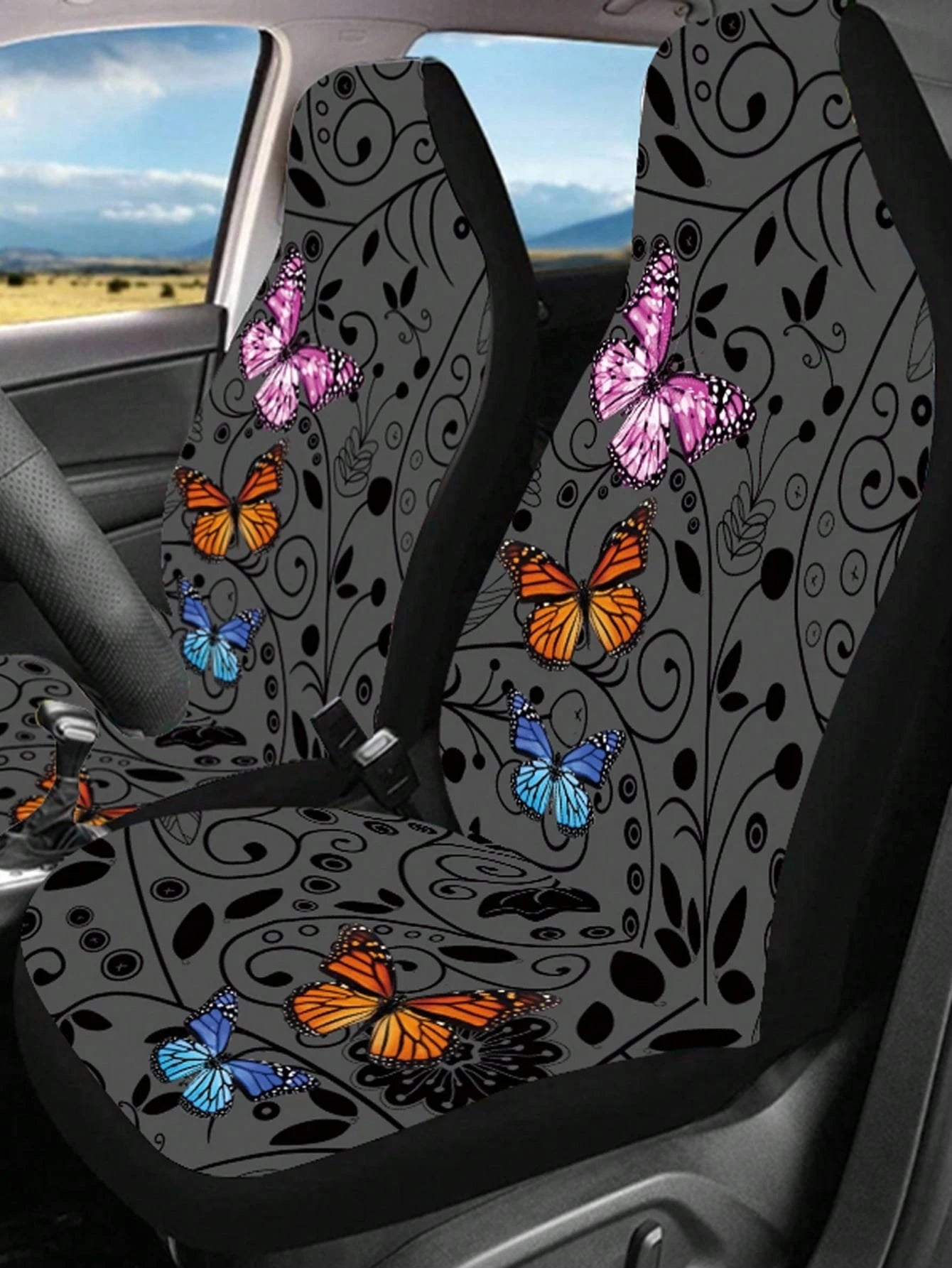 5pcs Car Seat Covers, Blue Butterfly Print, Car Interior Decor, Cushion Cover, Suitable For SUV & Sedan, Universal Fit, Breathable, Anti-Dust, Car Accessories, Suitable For Ladies & Gentlemen, All Sea