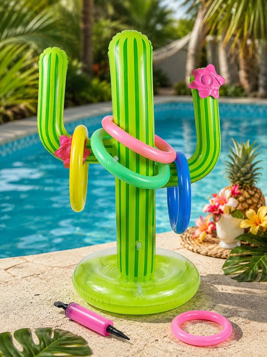 5pcs Inflatable Cactus Ring Toss Game Set, Target Throw Floating Swim Ring Toss, Includes Cactus And 4 Rings, Party Accessories, Hawaiian Pool Beach Party Decorations