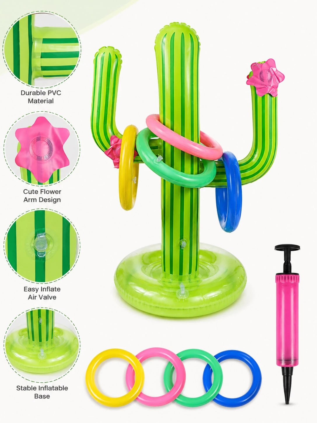 5pcs Inflatable Cactus Ring Toss Game Set, Target Throw Floating Swim Ring Toss, Includes Cactus And 4 Rings, Party Accessories, Hawaiian Pool Beach Party Decorations
