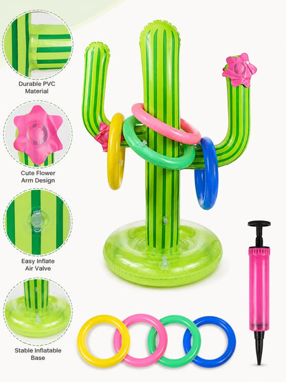 5pcs Inflatable Cactus Ring Toss Game Set, Target Throw Floating Swim Ring Toss, Includes Cactus And 4 Rings, Party Accessories, Hawaiian Pool Beach Party Decorations