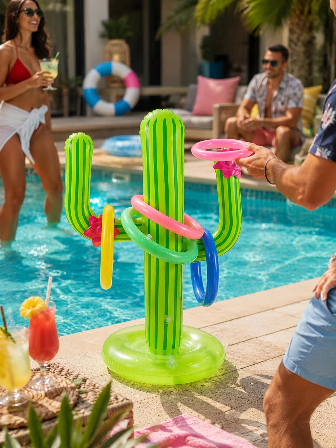 5pcs Inflatable Cactus Ring Toss Game Set, Target Throw Floating Swim Ring Toss, Includes Cactus And 4 Rings, Party Accessories, Hawaiian Pool Beach Party Decorations