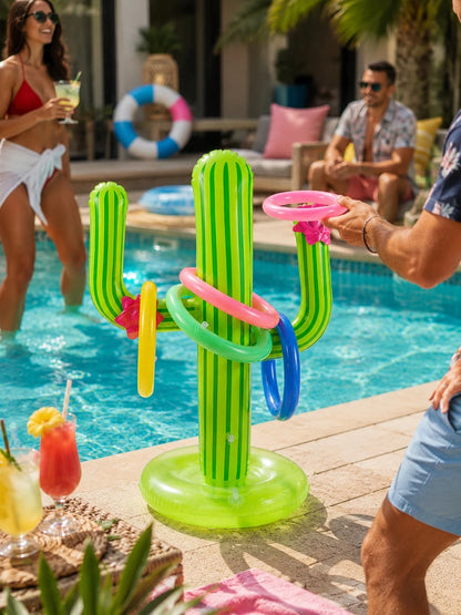 5pcs Inflatable Cactus Ring Toss Game Set, Target Throw Floating Swim Ring Toss, Includes Cactus And 4 Rings, Party Accessories, Hawaiian Pool Beach Party Decorations