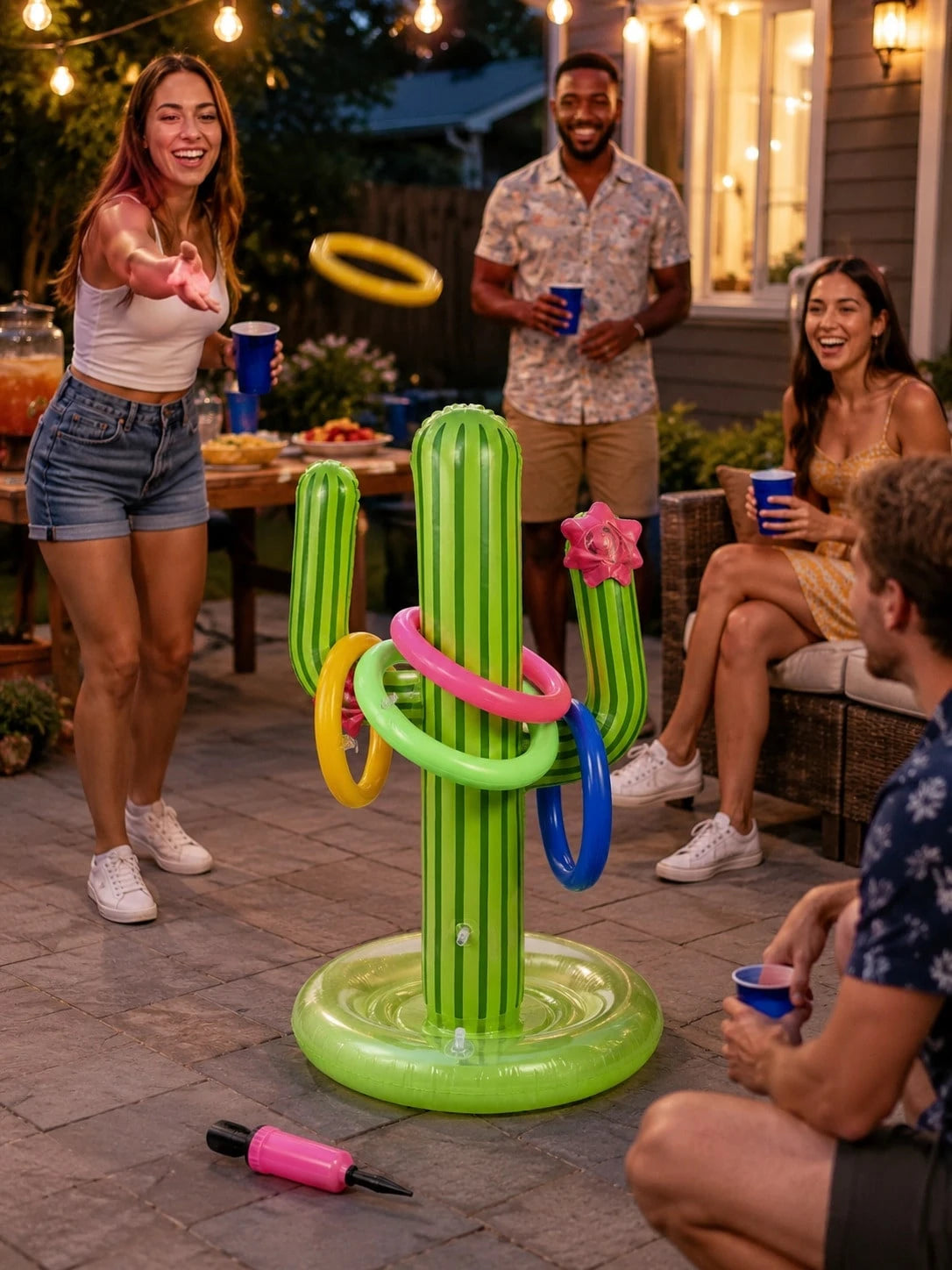 5pcs Inflatable Cactus Ring Toss Game Set, Target Throw Floating Swim Ring Toss, Includes Cactus And 4 Rings, Party Accessories, Hawaiian Pool Beach Party Decorations