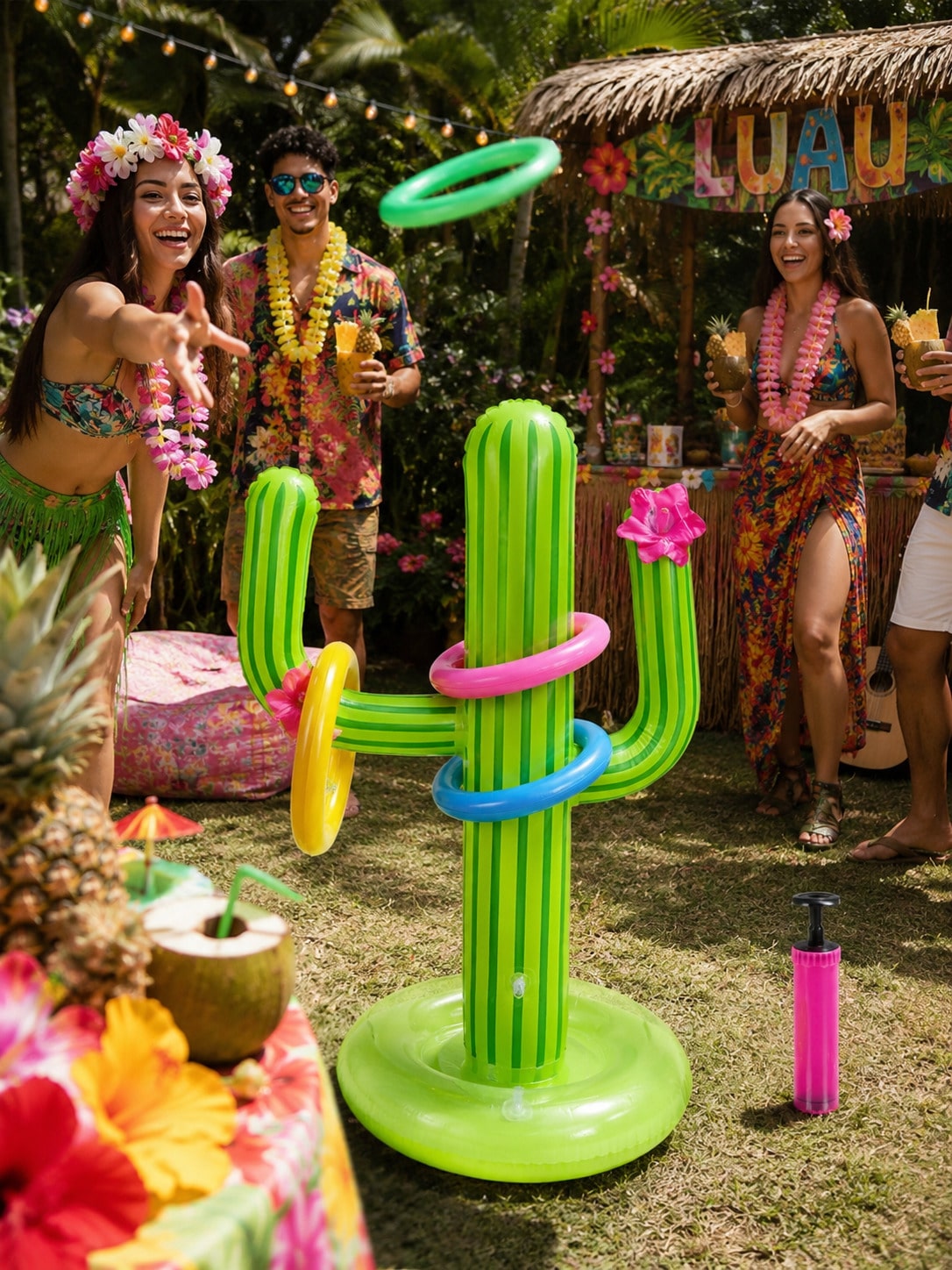 5pcs Inflatable Cactus Ring Toss Game Set, Target Throw Floating Swim Ring Toss, Includes Cactus And 4 Rings, Party Accessories, Hawaiian Pool Beach Party Decorations