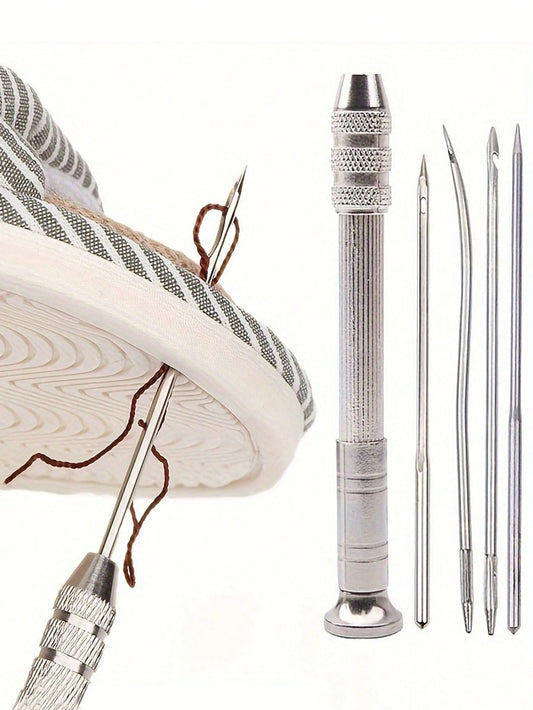 5pcs Multi-Function Leather Sewing Awl Set With Replaceable Punch Sewing Needles, DIY Leather Crafting Practical Tool Kit; Leather Sewing Awl Set Multi-Function Steel DIY Needles With Replaceable Tips