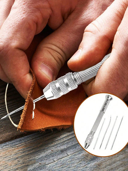 5pcs Multi-Function Leather Sewing Awl Set With Replaceable Punch Sewing Needles, DIY Leather Crafting Practical Tool Kit; Leather Sewing Awl Set Multi-Function Steel DIY Needles With Replaceable Tips