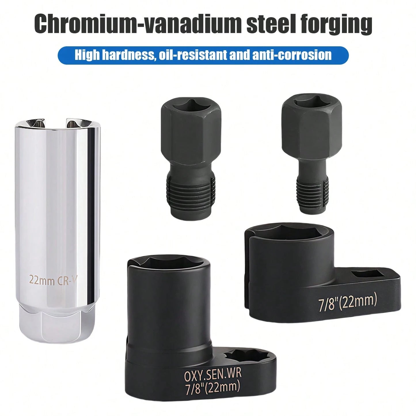 5Pcs Oxygen Sensor Removal & Thread Chaser Tool Set| O2 Sensor Socket Set For Automotive Oxygen Sensors, Oxygen Sensor Socket Set, 22mm Offset Wrench With 3/8" & 1/2" Drives