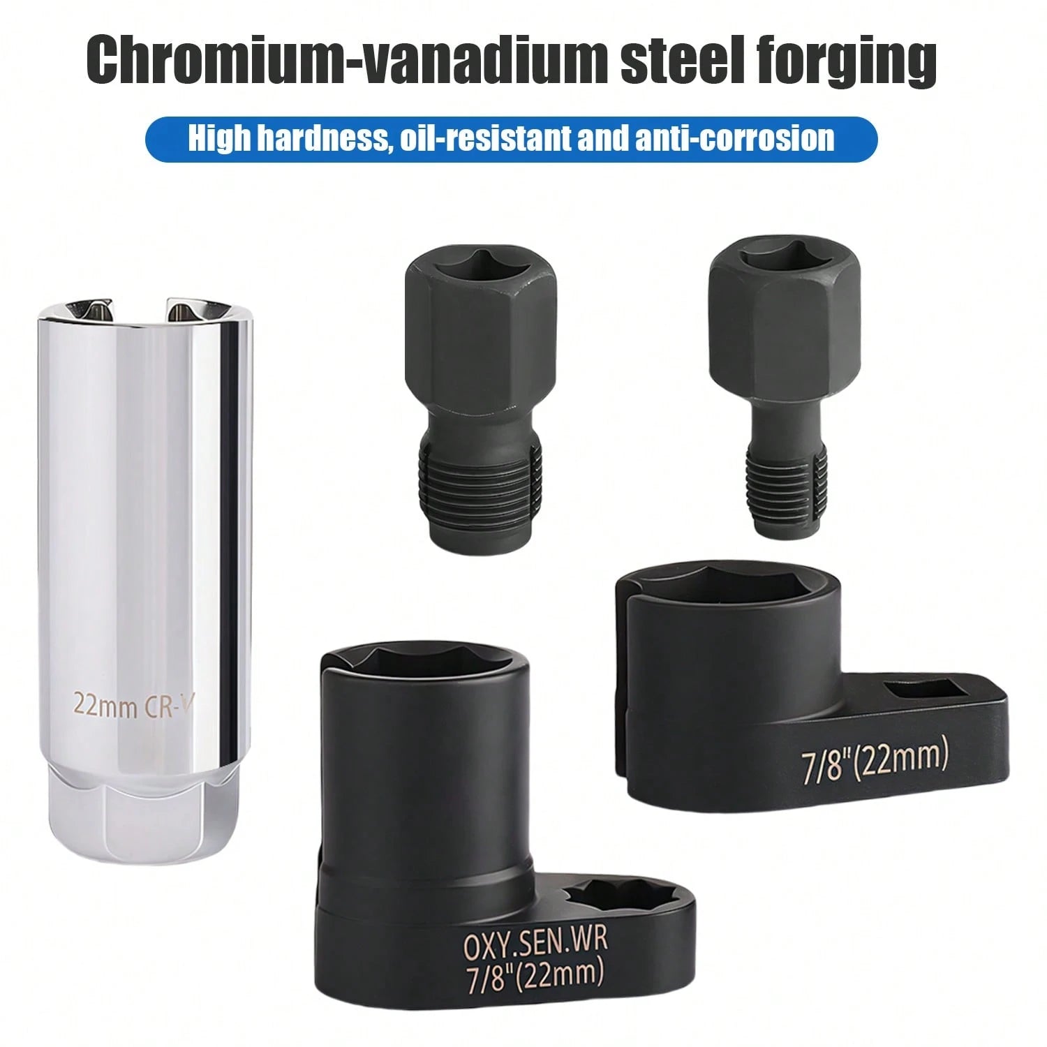 5Pcs Oxygen Sensor Removal & Thread Chaser Tool Set| O2 Sensor Socket Set For Automotive Oxygen Sensors, Oxygen Sensor Socket Set, 22mm Offset Wrench With 3/8" & 1/2" Drives