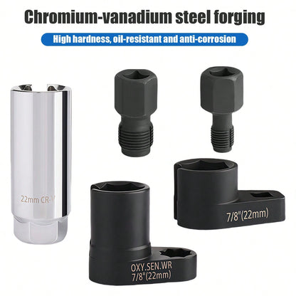 5Pcs Oxygen Sensor Removal & Thread Chaser Tool Set| O2 Sensor Socket Set For Automotive Oxygen Sensors, Oxygen Sensor Socket Set, 22mm Offset Wrench With 3/8" & 1/2" Drives