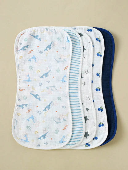 5pcs/Pack Cotton Muslin Baby Bibs For Boys & Girls, Soft Burp Cloths With Flower, Whale Prints