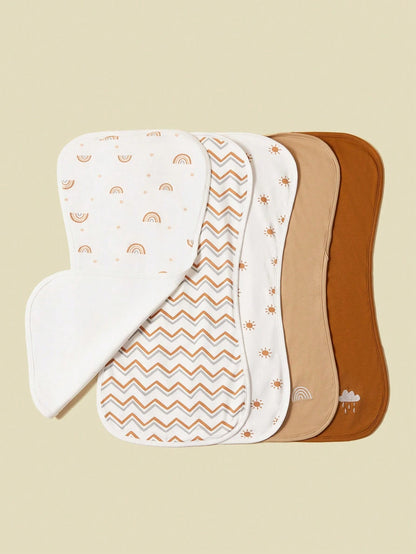 5pcs/Pack Soft & Breathable Baby Bibs With Sun, Rainbow, Cloud Embroidered Design, Multi-Purpose Burp Cloth