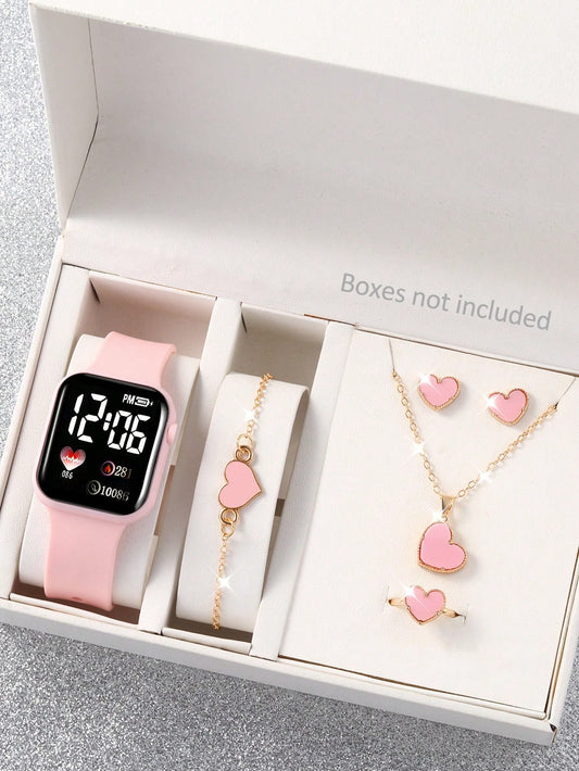 5PCS Pink Square Silicone LED Digital Electronic Watch With Heart-Shaped Bracelet Necklace Earrings Set, Holiday Gift