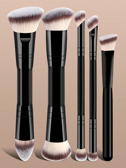 5pcs Professional Makeup Brush Set, Portable Travel Makeup Brushes, Double-Ended Multi-Function Makeup Tools Kit Including Foundation Brush, Powder Brush, Blush Brush, Concealer Brush, Contour Brush