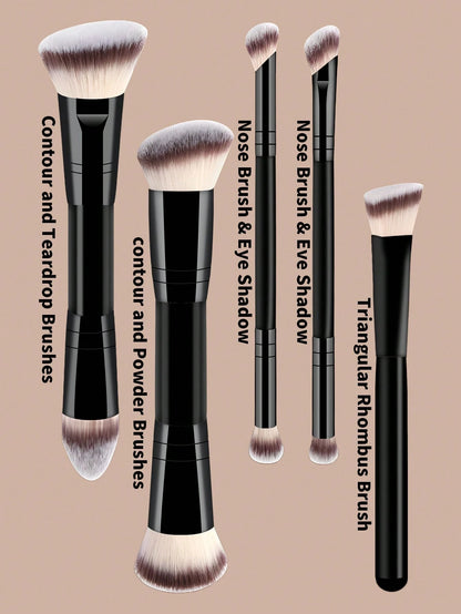 5pcs Professional Makeup Brush Set, Portable Travel Makeup Brushes, Double-Ended Multi-Function Makeup Tools Kit Including Foundation Brush, Powder Brush, Blush Brush, Concealer Brush, Contour Brush