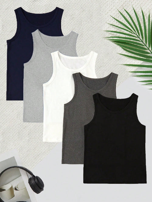 5pcs/Set Boys Elegant Solid Color Sleeveless Vest Underwear Set, Comfortable Casual Style