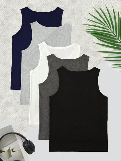 5pcs/Set Boys Elegant Solid Color Sleeveless Vest Underwear Set, Comfortable Casual Style