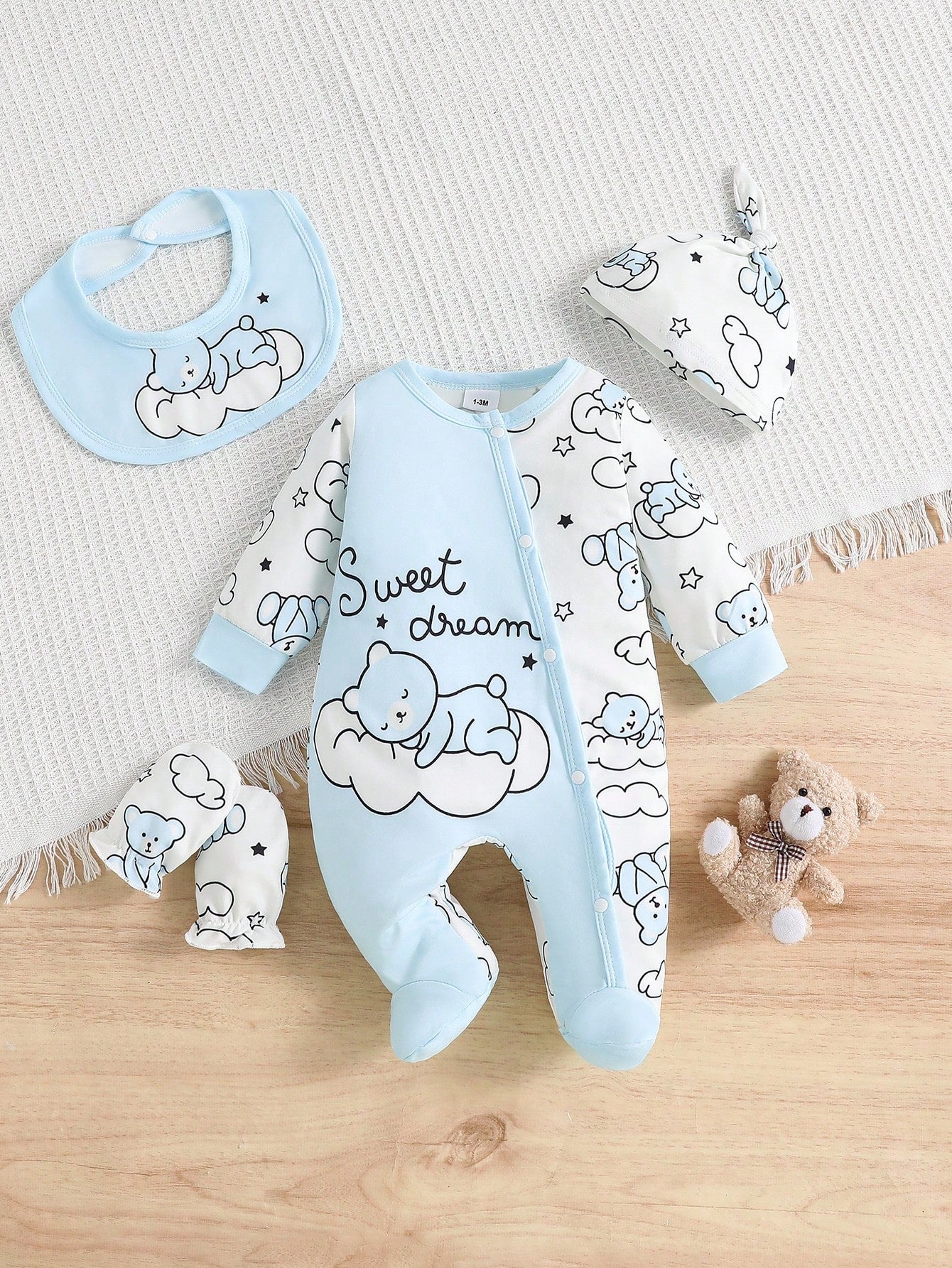 5pcs/Set English Cloud Bear Baby Newborn Crawling Rompers