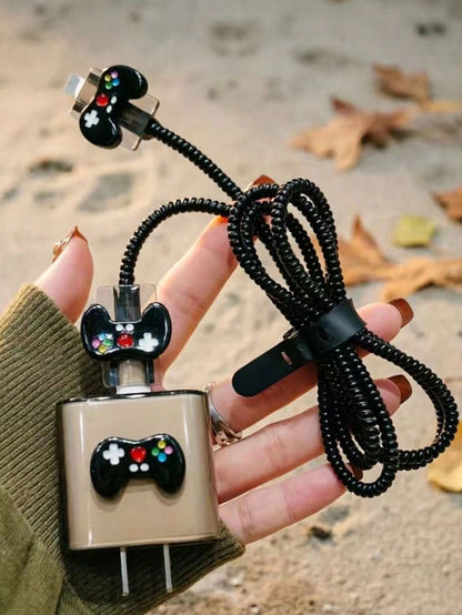 5pcs/Set Game Controller Pattern 1.5m Cable Protector, 18/20W Fast Charging Head Protector, Data Cable Protector, Friend Gift