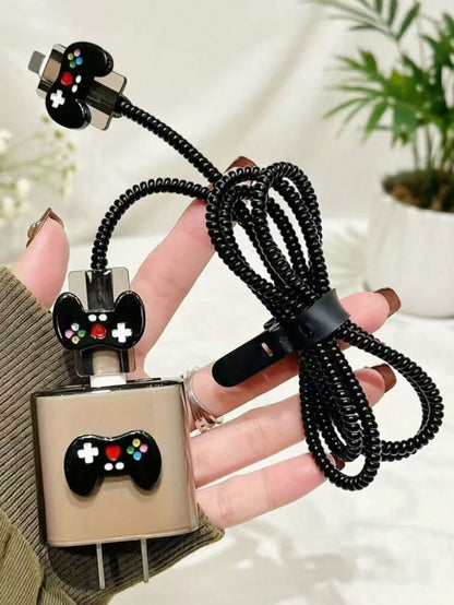5pcs/Set Game Controller Pattern 1.5m Cable Protector, 18/20W Fast Charging Head Protector, Data Cable Protector, Friend Gift