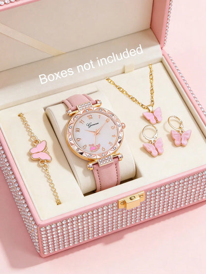 5pcs/Set Pink Whale Design Girls Quartz Watch, Butterfly Pendant Necklace, Bracelet And Earring Set, Best Gift Choice