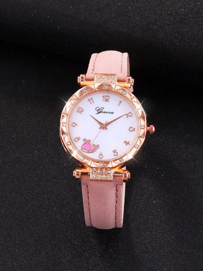 5pcs/Set Pink Whale Design Girls Quartz Watch, Butterfly Pendant Necklace, Bracelet And Earring Set, Best Gift Choice