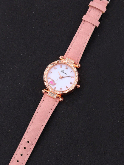 5pcs/Set Pink Whale Design Girls Quartz Watch, Butterfly Pendant Necklace, Bracelet And Earring Set, Best Gift Choice
