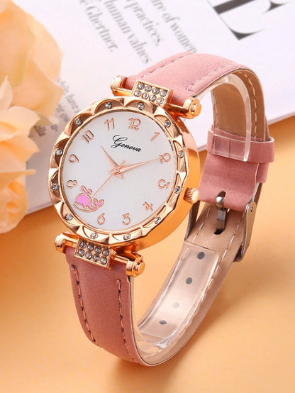 5pcs/Set Pink Whale Design Girls Quartz Watch, Butterfly Pendant Necklace, Bracelet And Earring Set, Best Gift Choice