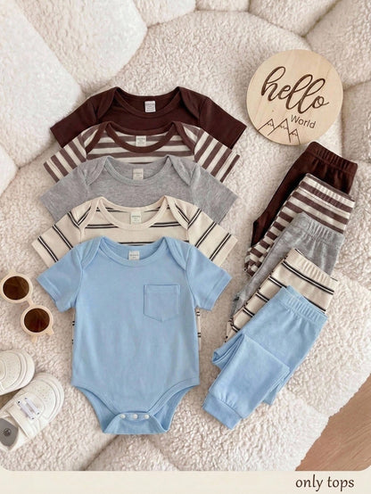 5pcs/Set Unisex Baby Boy Summer Cute Versatile Knitted Striped Tank Tops, Multi-Color Versatile Bodysuits, Neutral Color Baby Clothing, Suitable For Spring/Summer Daily Wear, Play, Party, Photography
