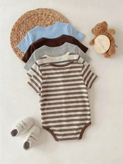 5pcs/Set Unisex Baby Boy Summer Cute Versatile Knitted Striped Tank Tops, Multi-Color Versatile Bodysuits, Neutral Color Baby Clothing, Suitable For Spring/Summer Daily Wear, Play, Party, Photography