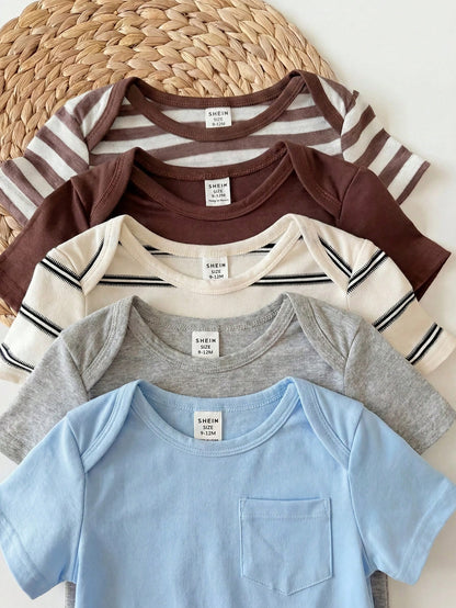 5pcs/Set Unisex Baby Boy Summer Cute Versatile Knitted Striped Tank Tops, Multi-Color Versatile Bodysuits, Neutral Color Baby Clothing, Suitable For Spring/Summer Daily Wear, Play, Party, Photography