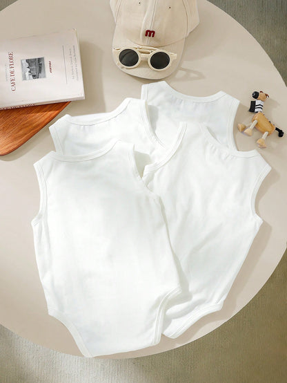 5pcs/Set Unisex Baby Boy Summer Cute Versatile Knitted Striped Tank Tops, Multi-Color Versatile Bodysuits, Neutral Color Baby Clothing, Suitable For Spring/Summer Daily Wear, Play, Party, Photography