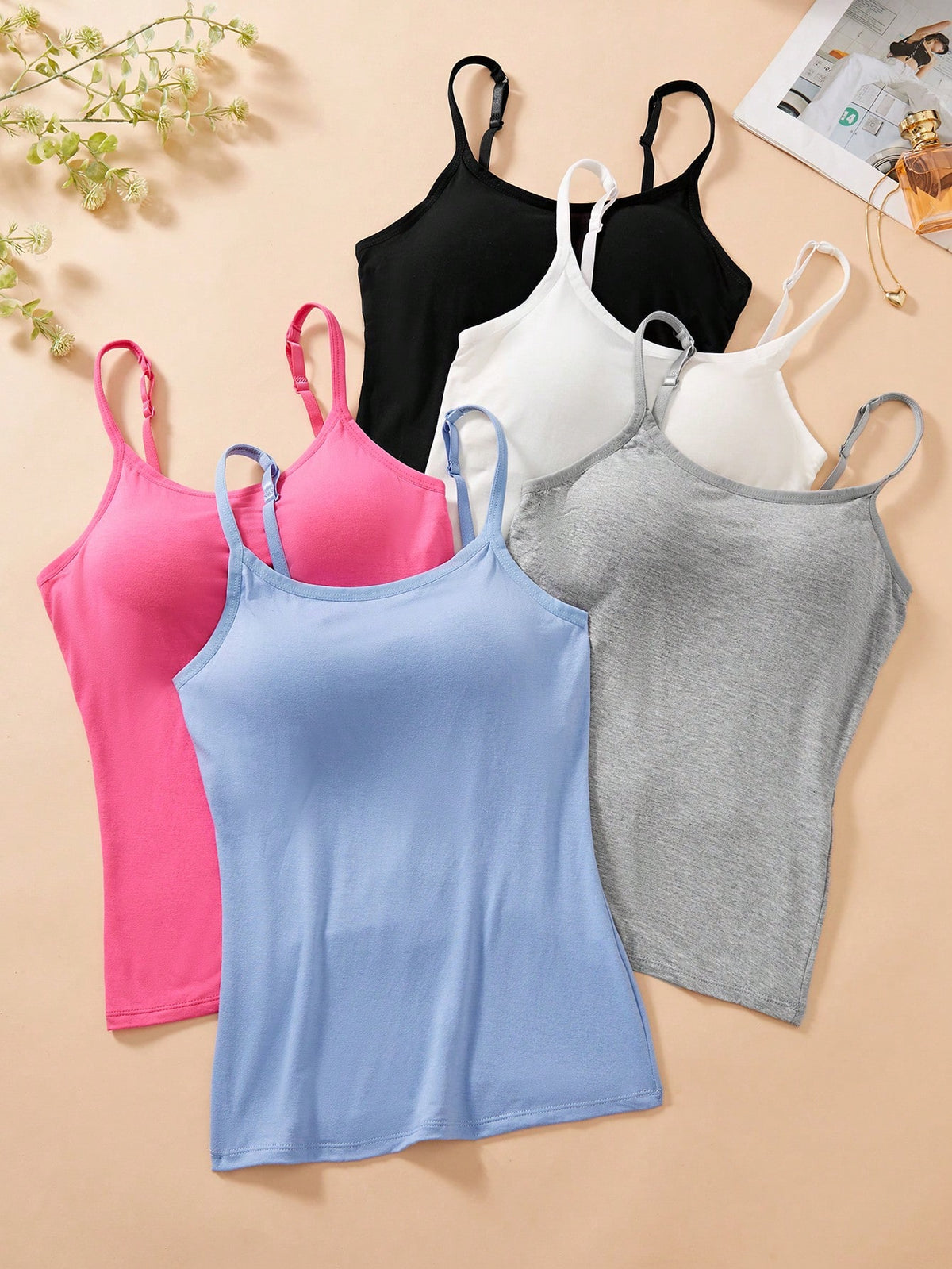 5pcs/Set Women Comfortable Modal Camisole Tank Top With Built-In Padded Bra, Fitted Undershirt, Workout