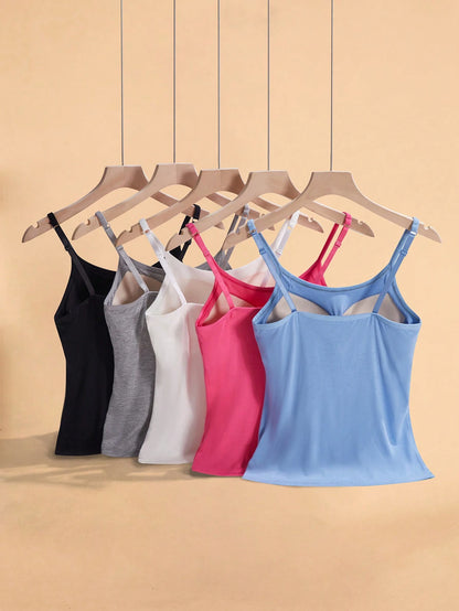 5pcs/Set Women Comfortable Modal Camisole Tank Top With Built-In Padded Bra, Fitted Undershirt, Workout