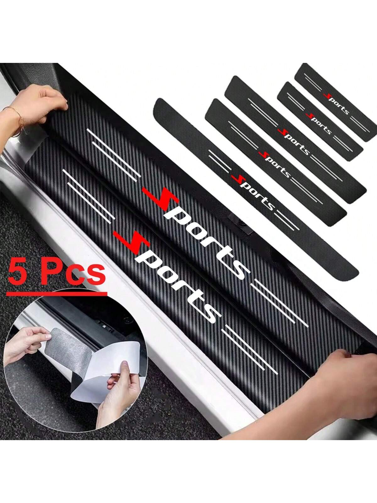 5pcs Universal Car Door Sill Protector Stickers, Carbon Fiber Texture, Self-Adhesive, Anti-Scratch, Matte Surface, Fit For All Sports Car Models