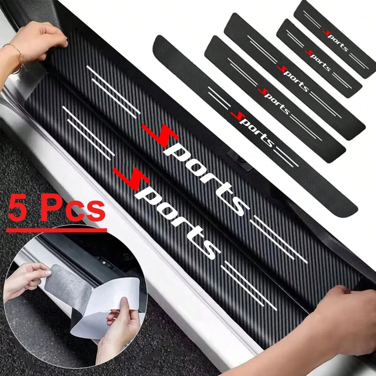 5pcs Universal Car Door Sill Protector Stickers, Carbon Fiber Texture, Self-Adhesive, Anti-Scratch, Matte Surface, Fit For All Sports Car Models