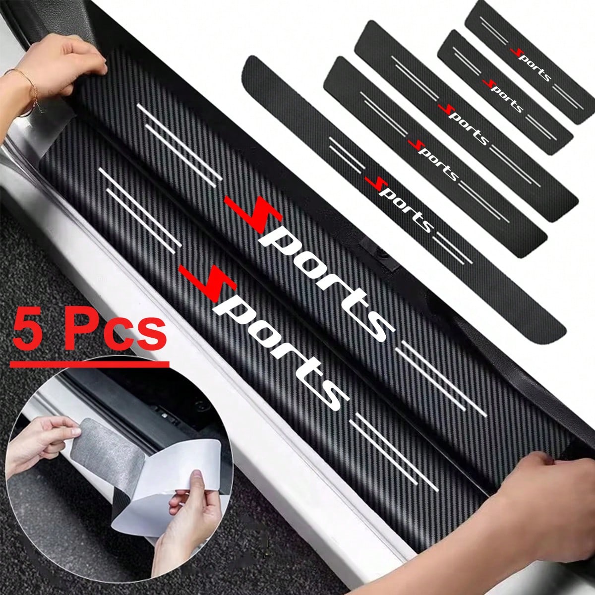 5pcs Universal Car Door Sill Protector Stickers, Carbon Fiber Texture, Self-Adhesive, Anti-Scratch, Matte Surface, Fit For All Sports Car Models