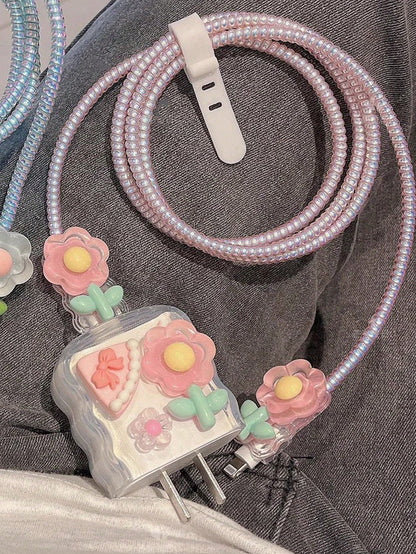 5pcs Wave Transparent Flower TPU Charging Adapter Protective Case, Compatible With Apple 18W/20W Fast Charger Cable Organizer