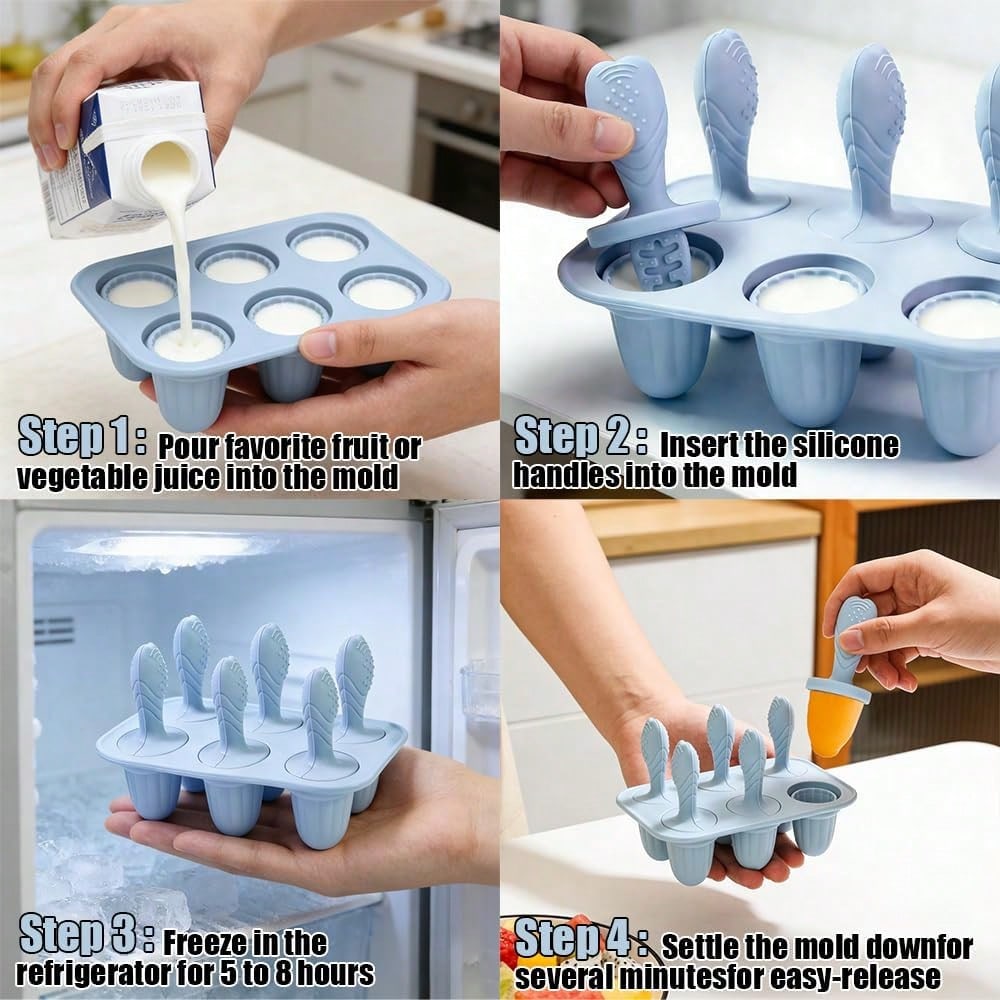 6-Cavity Silicone Baby Popsicle Mold, Ice Pop, Ice Cream Popsicle Mold, Frozen Snack Holder, Chew