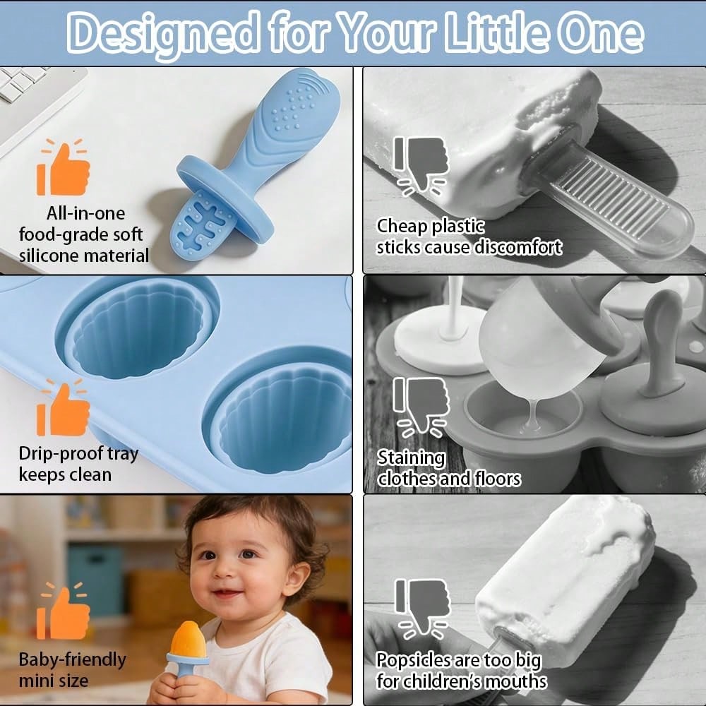 6-Cavity Silicone Baby Popsicle Mold, Ice Pop, Ice Cream Popsicle Mold, Frozen Snack Holder, Chew
