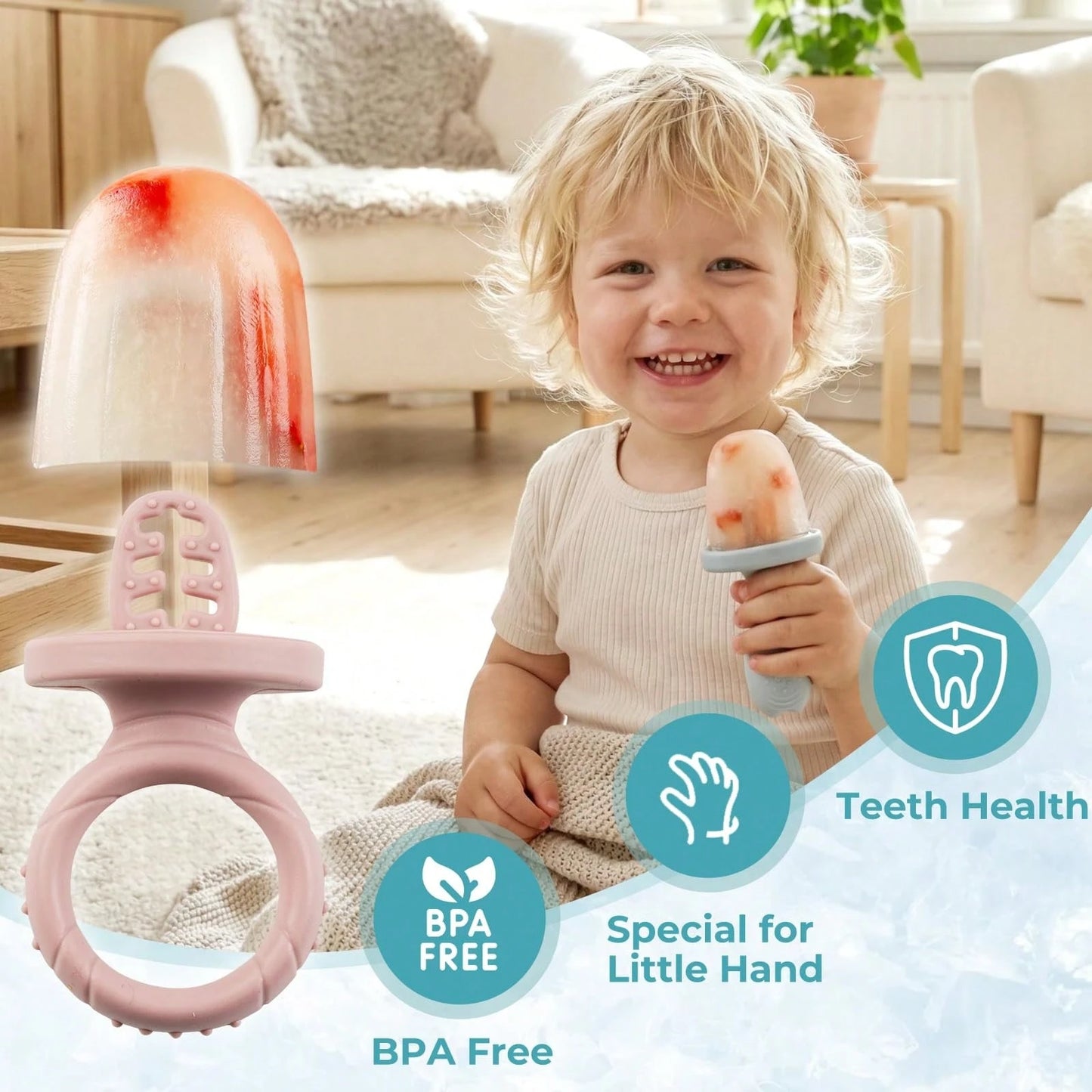 6-Cavity Silicone Baby Popsicle Mold, Ice Pop, Ice Cream Popsicle Mold, Frozen Snack Holder, Chew
