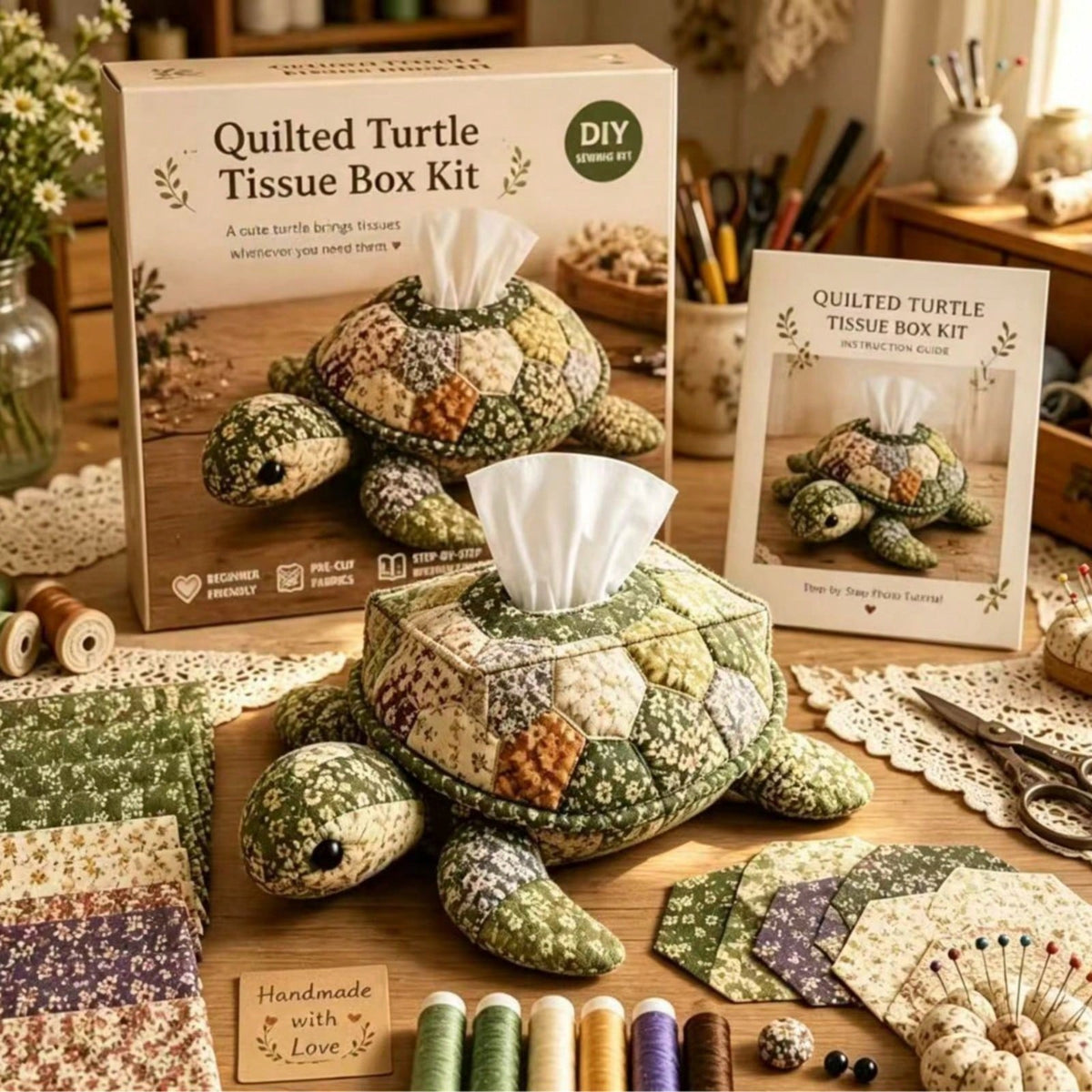 6-Piece DIY Patchwork Turtle Tissue Box Kit, Handmade Animal-Shaped Tissue Box DIY Material Set (No Color Box)