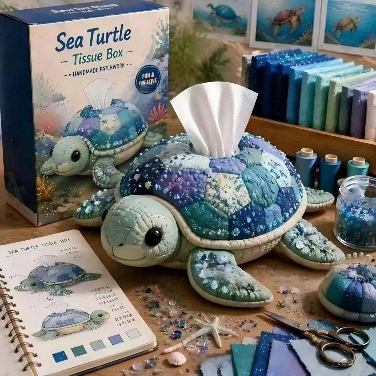 6-Piece DIY Patchwork Turtle Tissue Box Kit, Handmade Animal-Shaped Tissue Box DIY Material Set (No Color Box)
