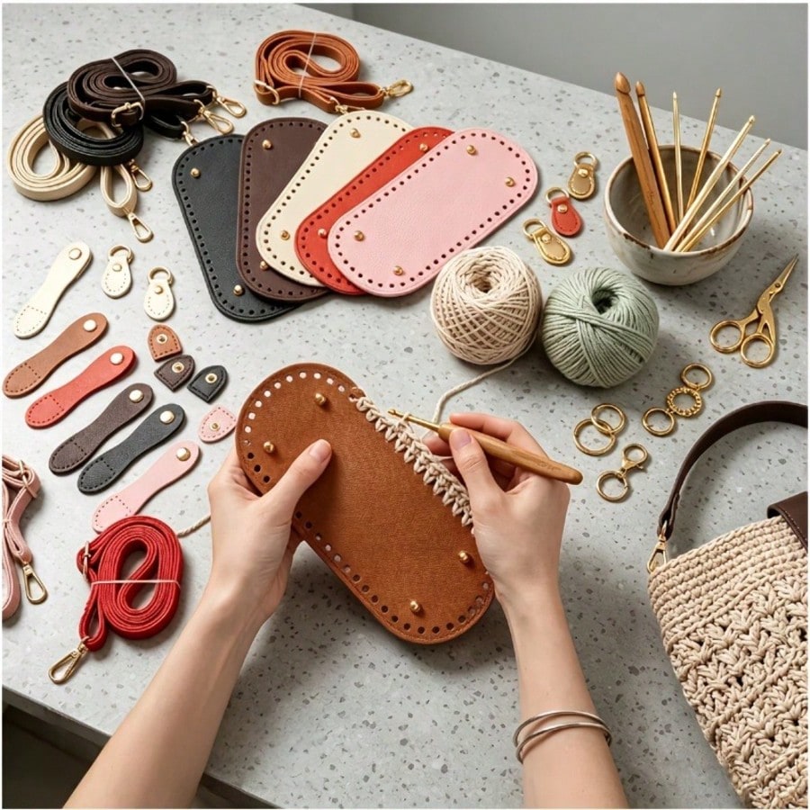 6-Piece Set Of Replaceable Shoulder Strap Buckles, Bag Bottom Crochet Linings With Woven Handles, And PU Leather Bag Bottom Oval Knitted Crochet Shaping Pads. Suitable For Shoulder Bags And Handbags.