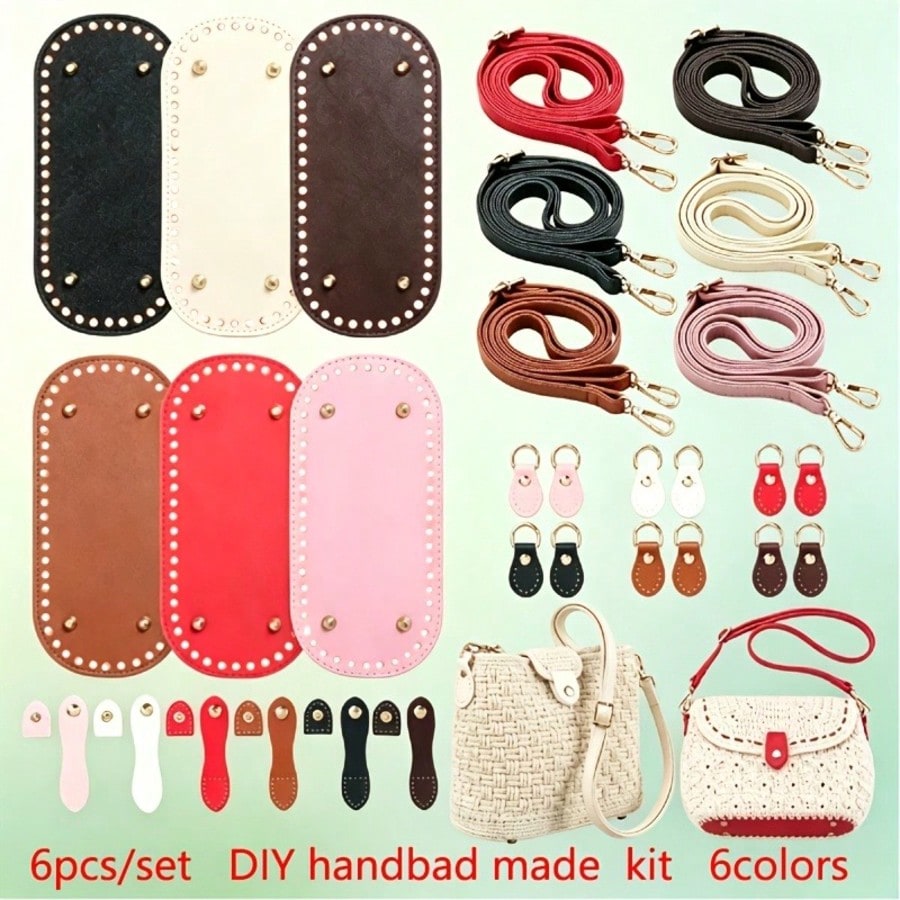 6-Piece Set Of Replaceable Shoulder Strap Buckles, Bag Bottom Crochet Linings With Woven Handles, And PU Leather Bag Bottom Oval Knitted Crochet Shaping Pads. Suitable For Shoulder Bags And Handbags.