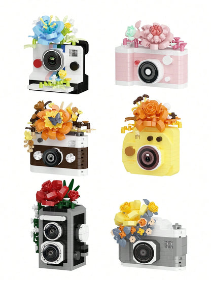 6 Styles ABS Camera Building Block Model, 0-5 Inch DIY Assemble Toy With Flower Pattern, Desktop Decor, Birthday Christmas Holiday Gift