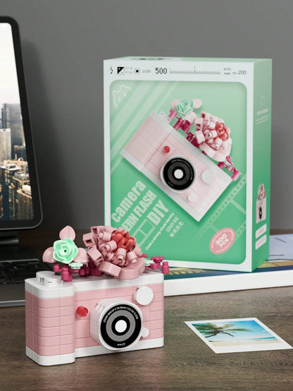 6 Styles ABS Camera Building Block Model, 0-5 Inch DIY Assemble Toy With Flower Pattern, Desktop Decor, Birthday Christmas Holiday Gift