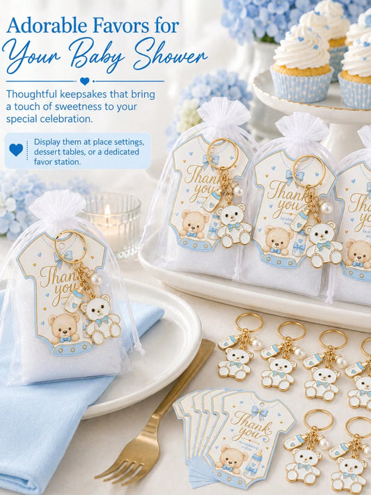 60pcs/20sets Baby Boy Teddy Bear Keychain Party Favor Set, Includes Thank You Card Tags And Organza Bags, Cute Baby Shower Guest Gifts