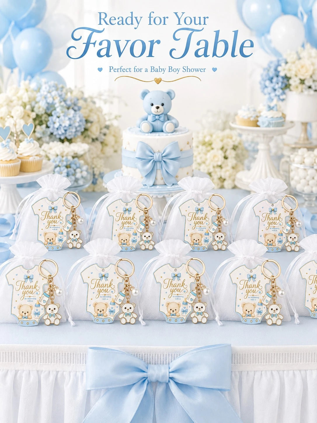 60pcs/20sets Baby Boy Teddy Bear Keychain Party Favor Set, Includes Thank You Card Tags And Organza Bags, Cute Baby Shower Guest Gifts