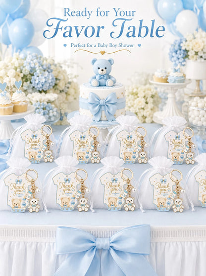 60pcs/20sets Baby Boy Teddy Bear Keychain Party Favor Set, Includes Thank You Card Tags And Organza Bags, Cute Baby Shower Guest Gifts